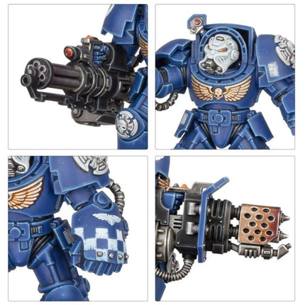 Détails des Terminators : canon d'assaut, épaulières, poing tronçonneur
