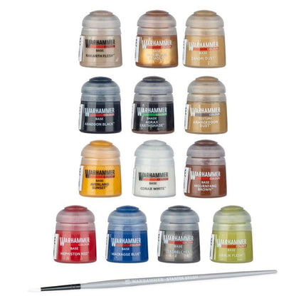 Les 13 peintures Warhammer Colour et le pinceau inclus